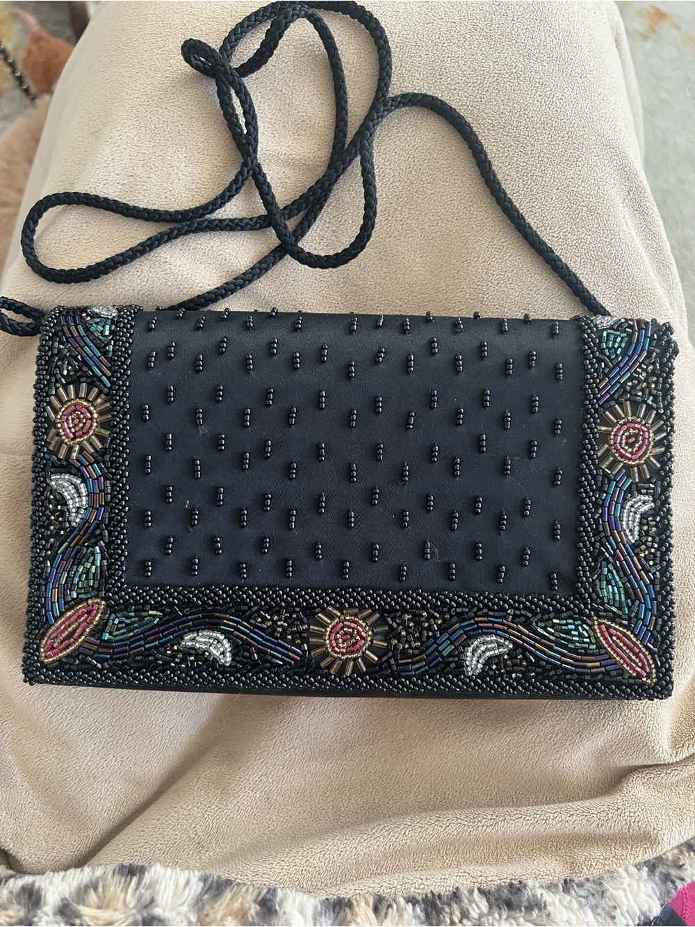 Vintage Made in Macau Black Beaded Evening Shoulder Bag Floral Art Deco Style